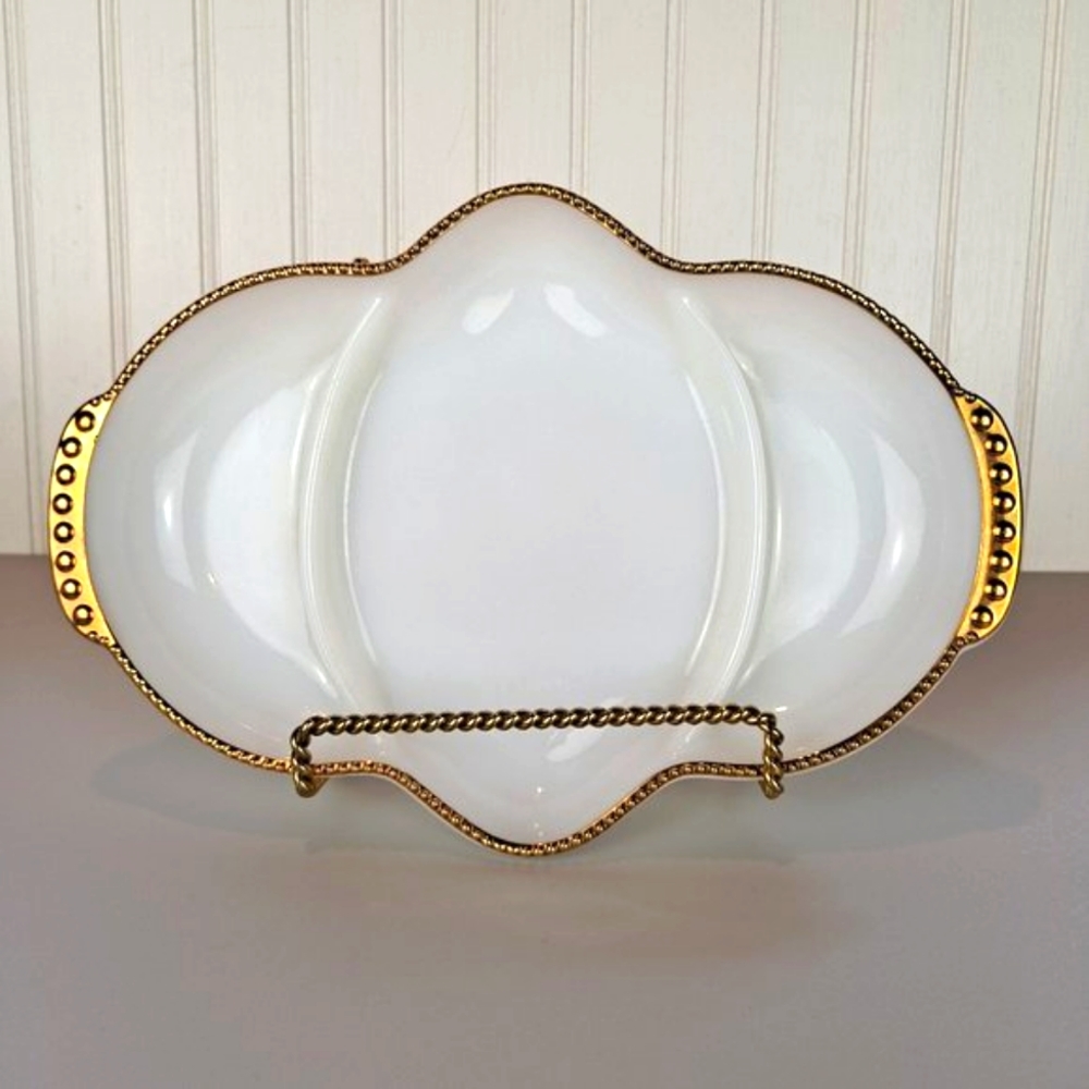 Fire King Milk Glass Divided Dish Gold Trim Made in USA